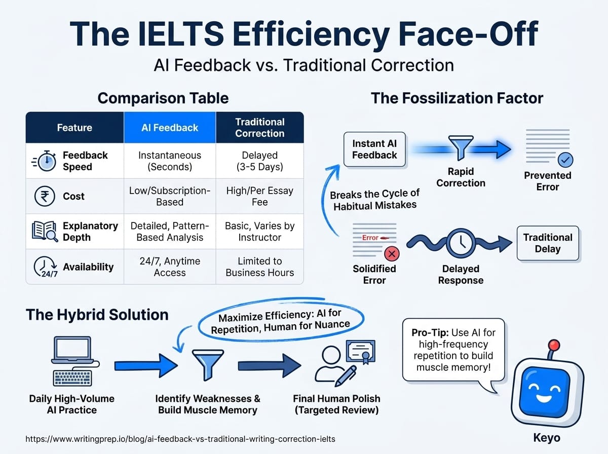 AI writing feedback vs traditional red-pen correction for IELTS — which method builds real writing skills faster | WritingPrep — featured image