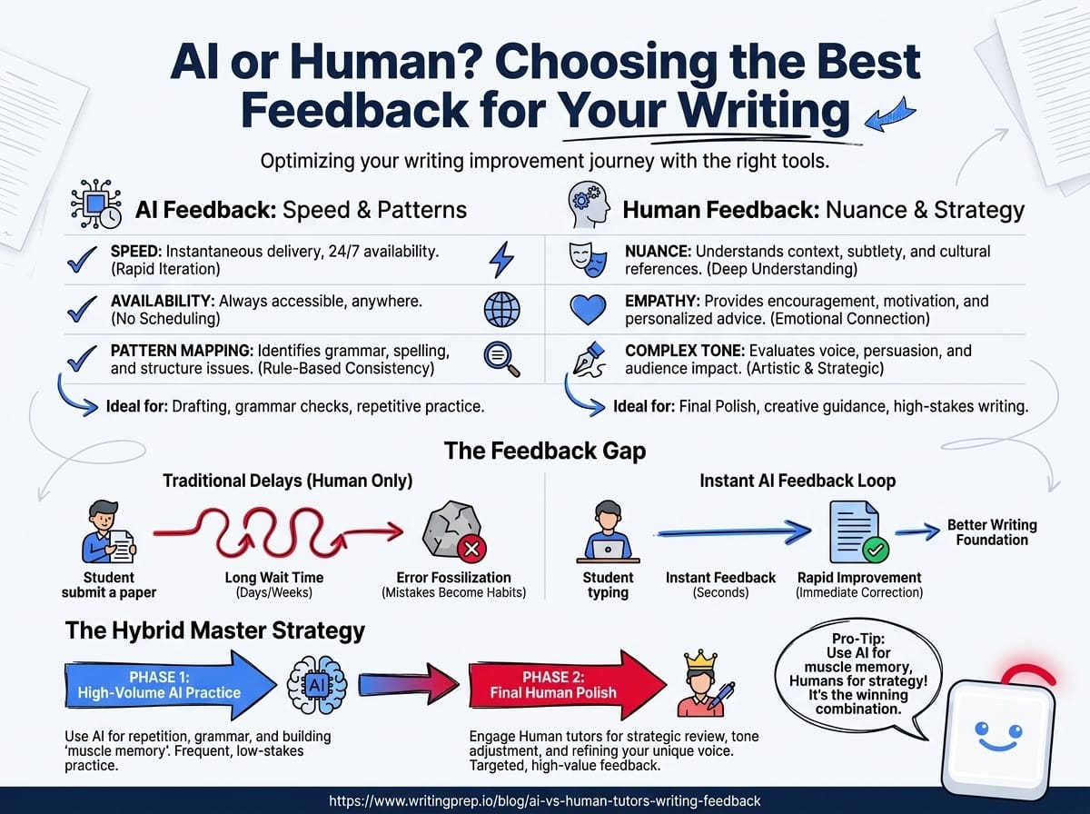 AI writing feedback vs human tutors — comparing accuracy, speed, and consistency for English learners | WritingPrep — featured image