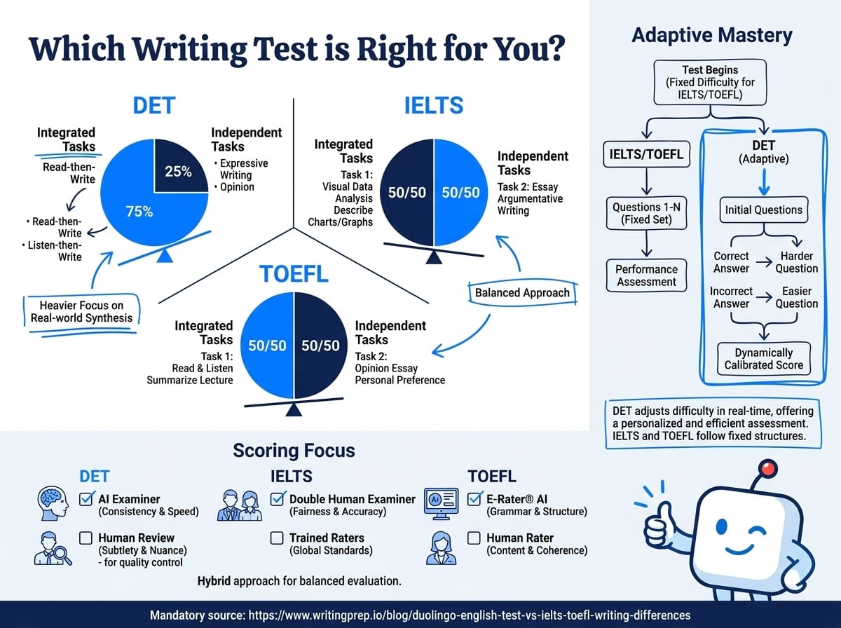 Which English proficiency test writing section suits your goals — DET, IELTS Academic, or TOEFL iBT? | WritingPrep