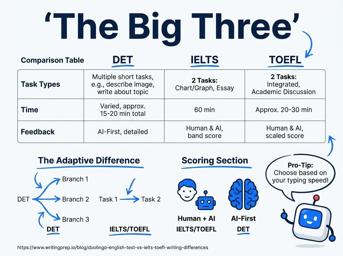 Duolingo English Test vs IELTS vs TOEFL — key differences in the writing section format and scoring | WritingPrep — featured image