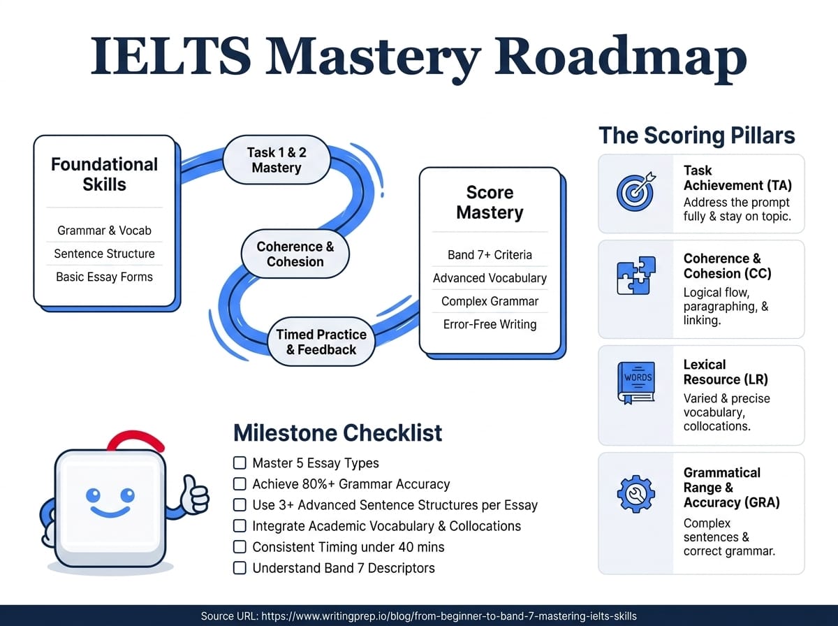 From beginner to IELTS Band 7 — a realistic roadmap for learners targeting 6.5, 7, or 7.5 | WritingPrep — featured image