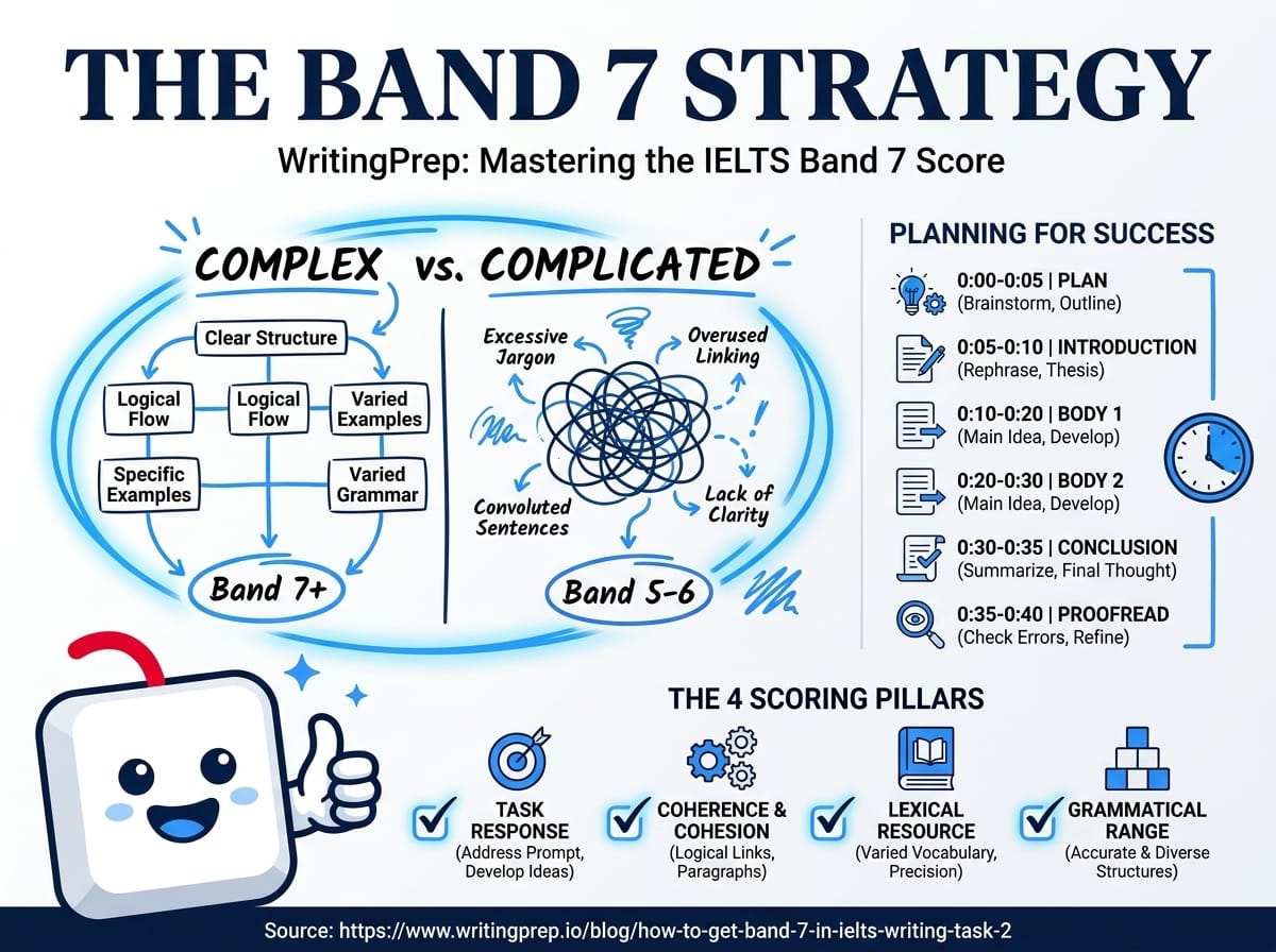 The essay structure and vocabulary strategies that push IELTS Writing Task 2 scores to Band 7 | WritingPrep — featured image