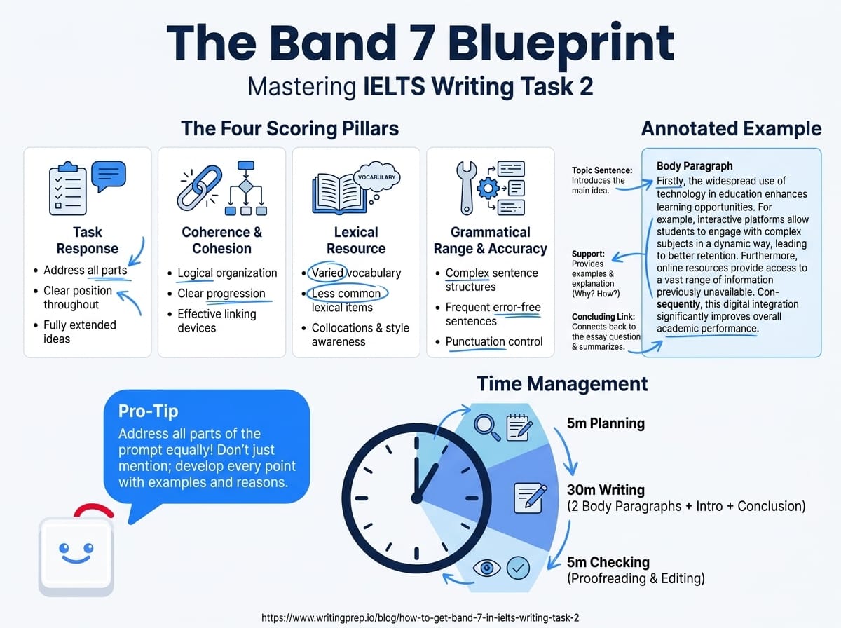IELTS Writing Task 2 Band 7 checklist — argument development, cohesion, and lexical resource explained | WritingPrep
