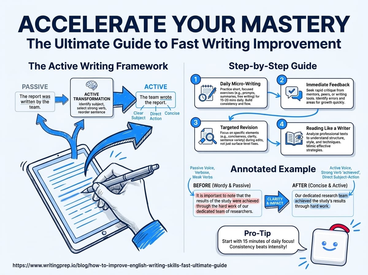 Daily writing habits that accelerate progress — from sentence-level grammar to full essay structure | WritingPrep