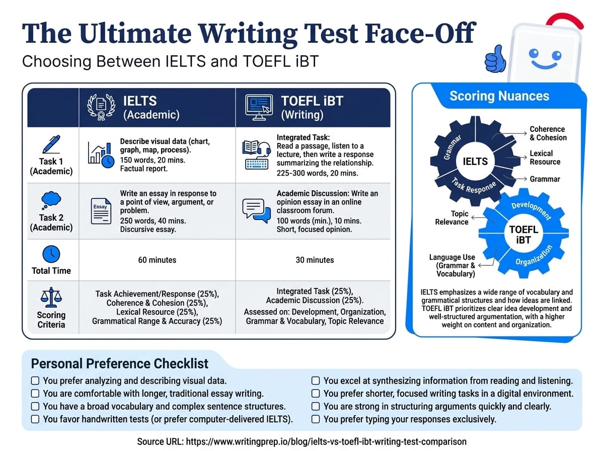IELTS Academic vs TOEFL iBT writing test — task types, scoring criteria, and which exam to choose | WritingPrep — featured image