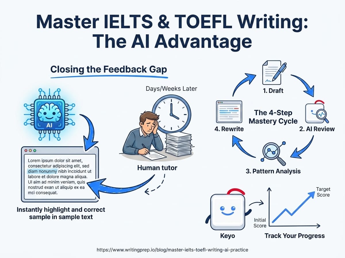 Using AI writing practice tools to prepare for IELTS and TOEFL — smarter drills, faster improvement | WritingPrep — featured image