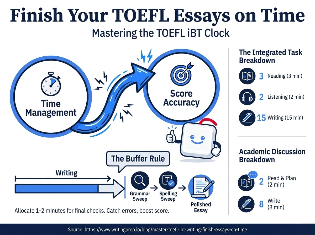 TOEFL iBT writing strategies to finish integrated and independent essays within the time limit | WritingPrep — featured image