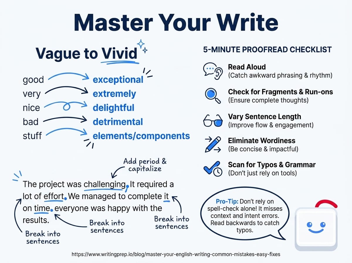 The most common English writing mistakes learners make in IELTS and TOEFL essays — and how to fix them | WritingPrep — featured image