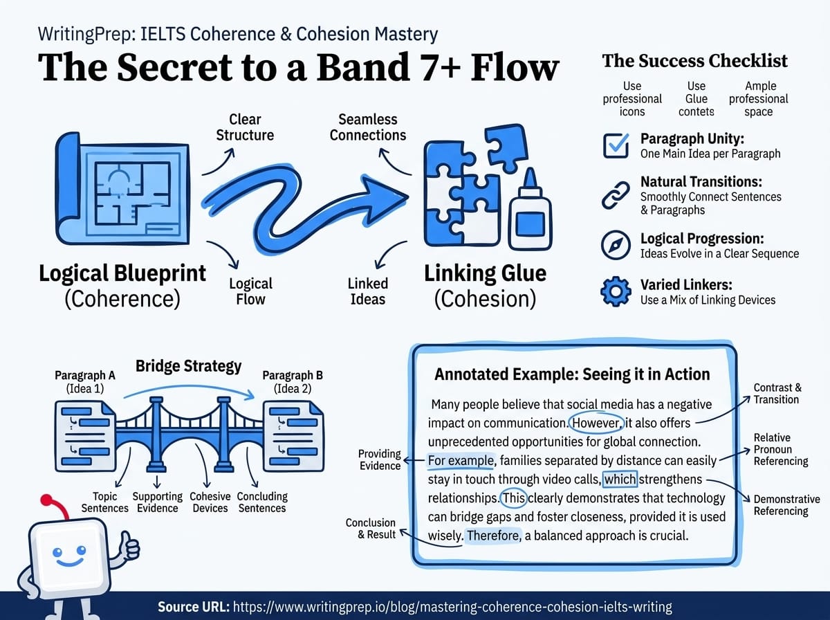 Mastering coherence and cohesion in IELTS Writing — how to organise ideas and link sentences for a higher band score | WritingPrep — featured image