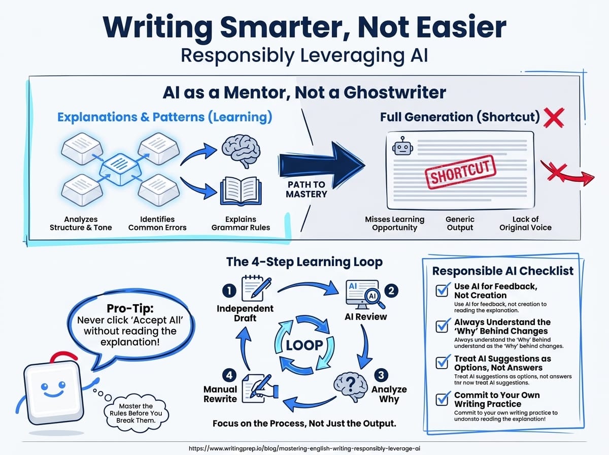 Responsible AI use in English writing practice — leveraging feedback tools while building genuine writing skills | WritingPrep — featured image