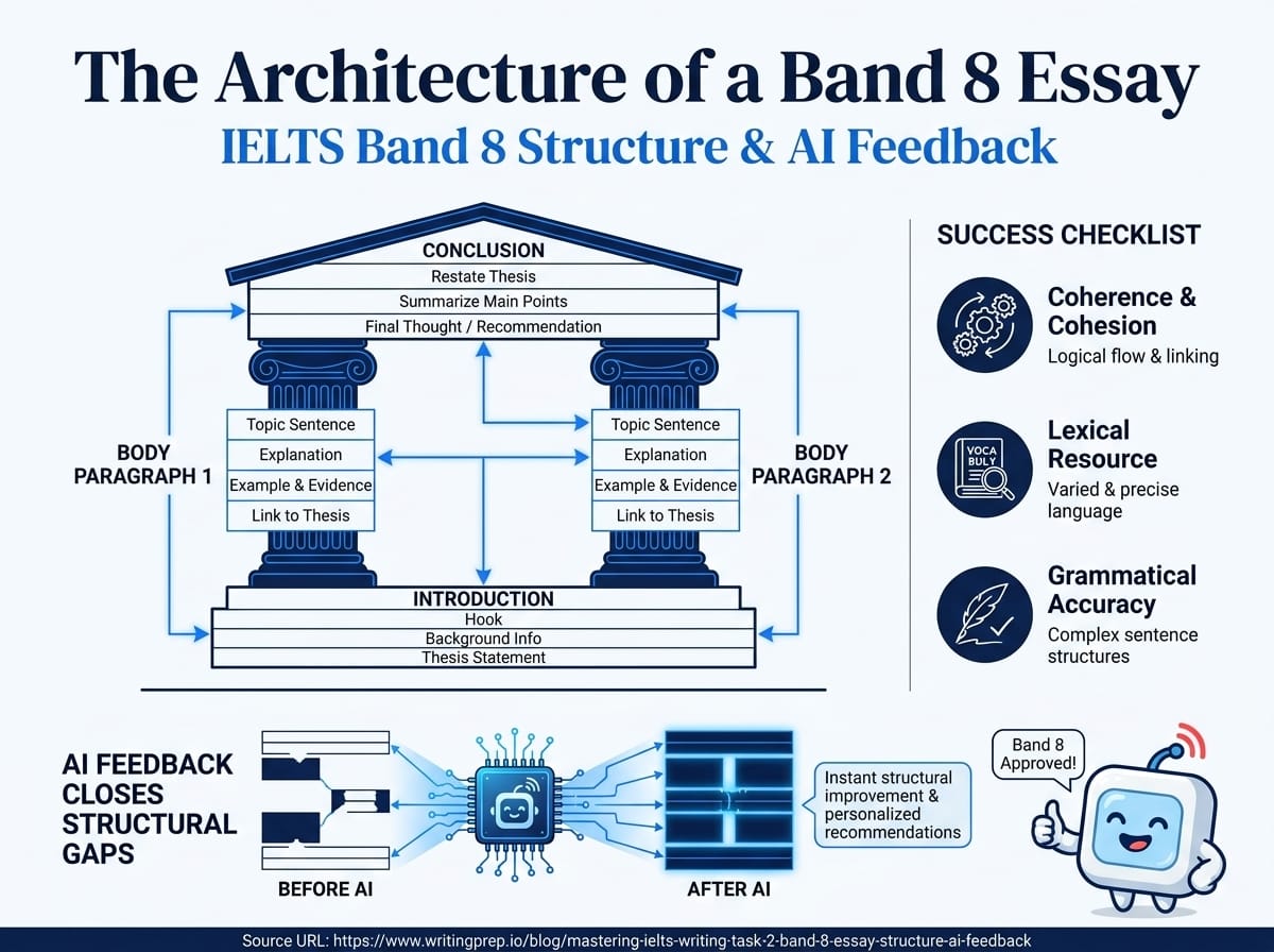 IELTS Writing Task 2 Band 8 essay structure — introduction, body paragraphs, and conclusion with AI feedback | WritingPrep — featured image