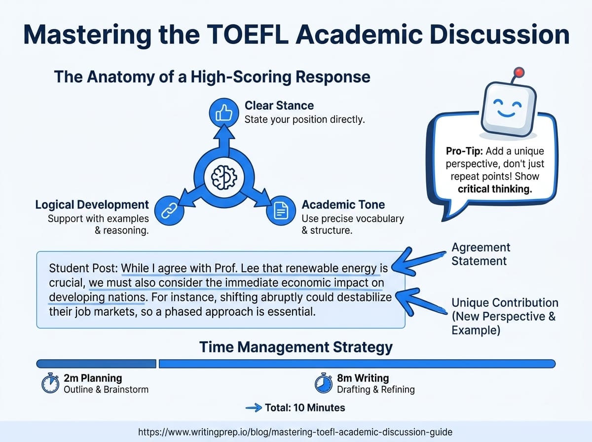 Complete guide to mastering the TOEFL Academic Discussion task — structure, vocabulary, and AI practice | WritingPrep — featured image