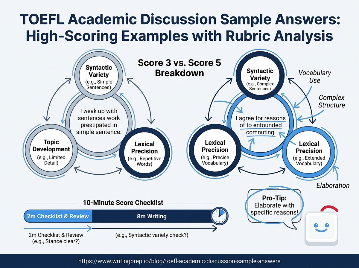 TOEFL Academic Discussion sample answers with official ETS rubric analysis — Band 5 model responses compared with Score 3 | WritingPrep — featured image
