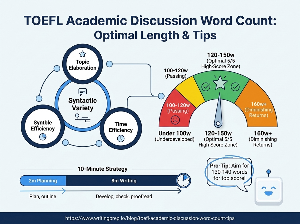 TOEFL Academic Discussion word count guide — optimal length, ETS scoring rules, and time-saving writing tips | WritingPrep — featured image