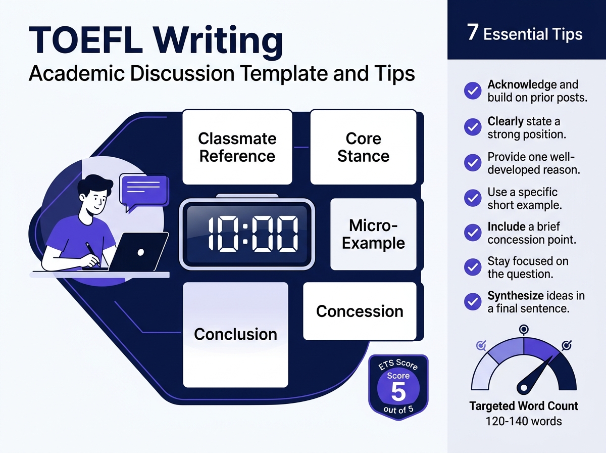 TOEFL writing academic discussion template and 7 scoring tips — 10-minute timing rules and 5/5 model responses | WritingPrep — featured image