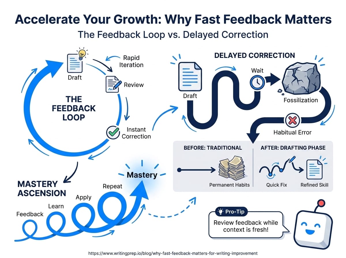 Delayed vs instant writing feedback — why waiting days for corrections slows down IELTS improvement | WritingPrep