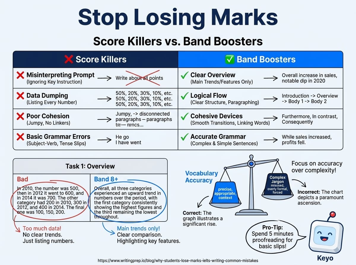Why IELTS candidates lose marks in the writing section — the most common mistakes that drag down band scores | WritingPrep — featured image