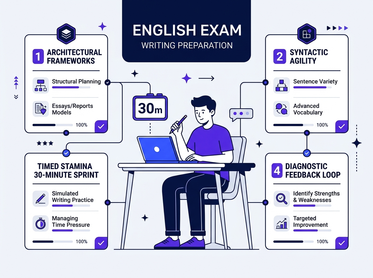 Writing preparation blueprint for English exams — structured daily drills, 4-pillar frameworks, and AI feedback loops | WritingPrep — featured image