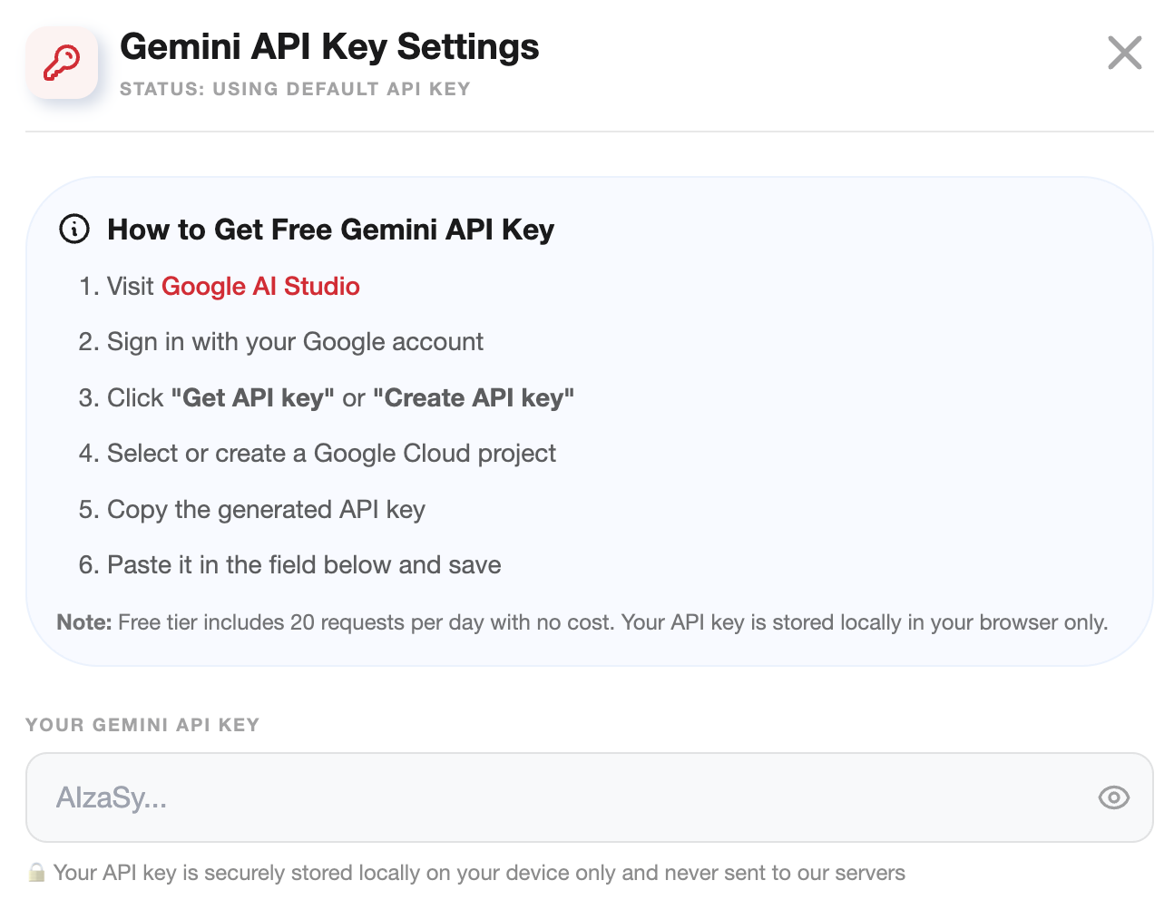 WritingPrep Bring Your Own Key API Gemini